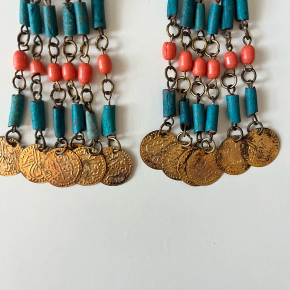 Vintage Handmade Gold Colored Egyptian Clip On Beaded Earrings - Picture 2 of 4